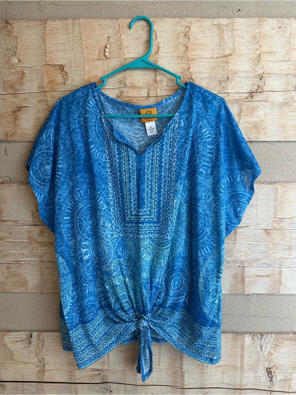 Ruby Rd. Teal-Blue Patterned Tie-Hem Blouse